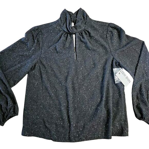Nine West Blouse Small Black Metallic Long‎ Sleeve Keyhole Mock Neck Top Office - Picture 2 of 15